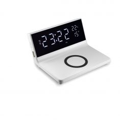 Réveil avec chargeur induction à 15W max, double alarme, lumiosité réglable, 1 port USB pour la charge, affichage l'heure, la tempétarure intérieure et la date