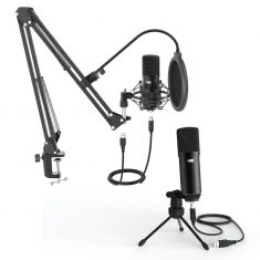 Pack Microphone USB pr steaming bras réglable et orientable filtre anti-pop,suspension antichoc fixation sur la table, trépied incl