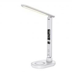 Lampe de bureau avec la charge induction 10W, fonction réveil, affichage de l'heure, la date, la température, lumiosité réglable, bras pliable , blanc